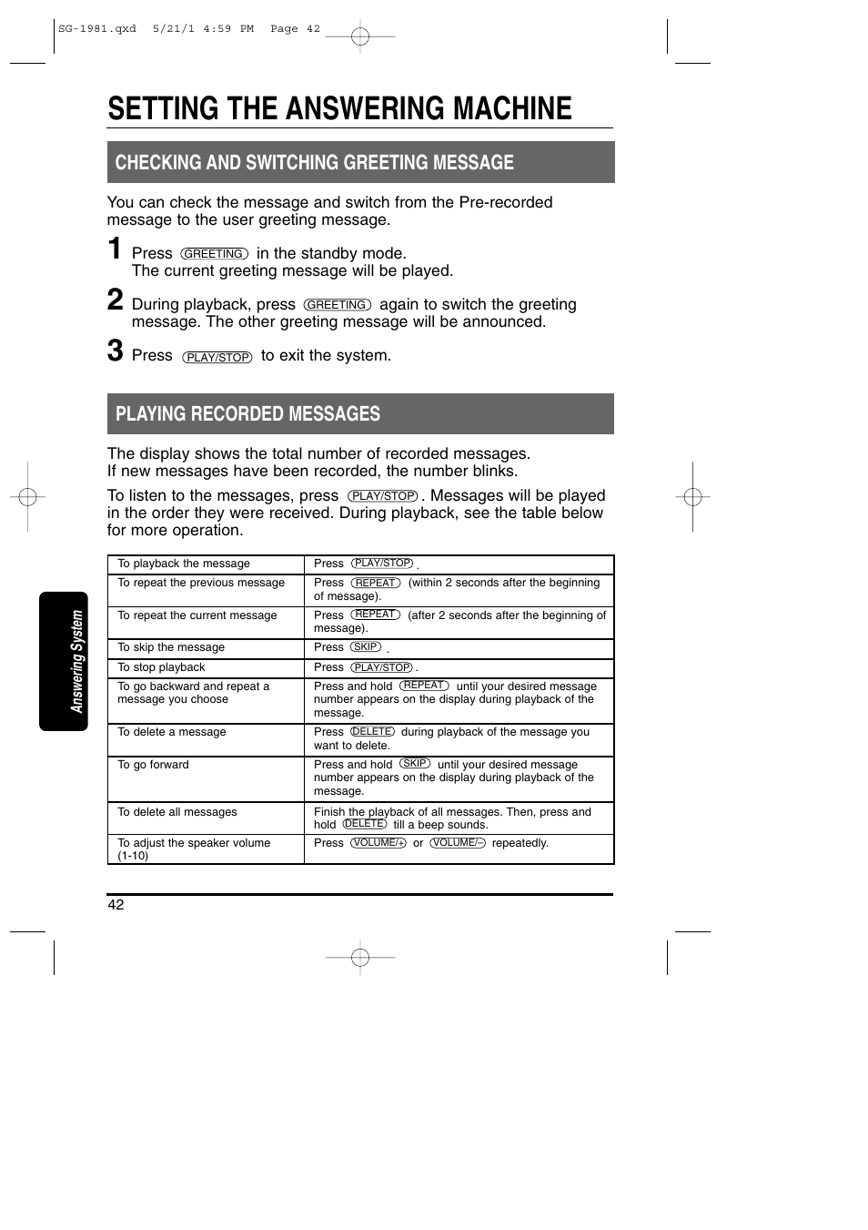 Playing recorded messages, Setting the answering machine, Checking and switching greeting message | Toshiba SG-1981 User Manual | Page 42 / 55