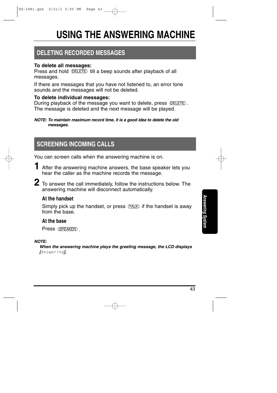 Using the answering machine, Deleting recorded messages, Screening incoming calls | Toshiba SG-1981 User Manual | Page 43 / 55