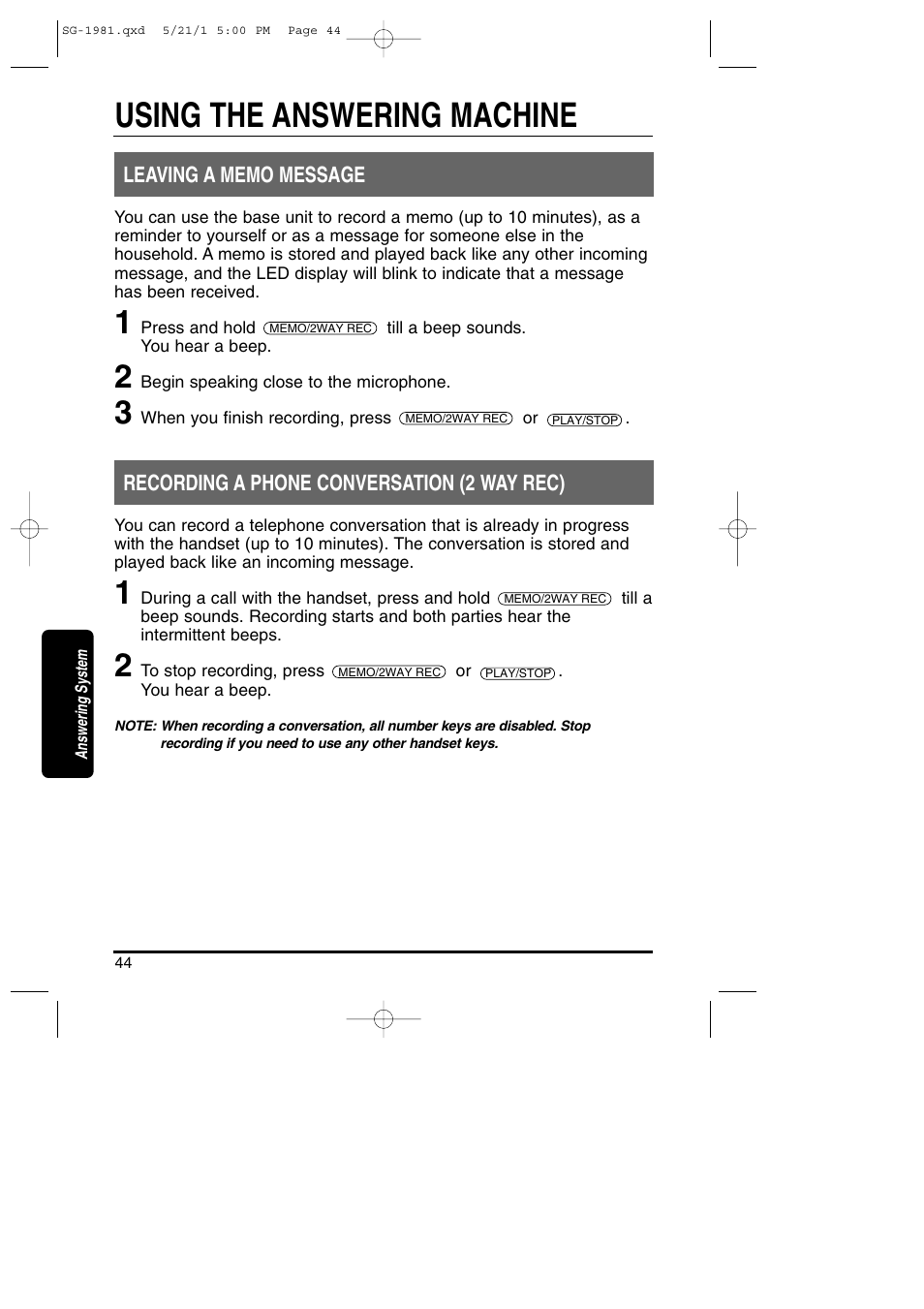 Using the answering machine | Toshiba SG-1981 User Manual | Page 44 / 55