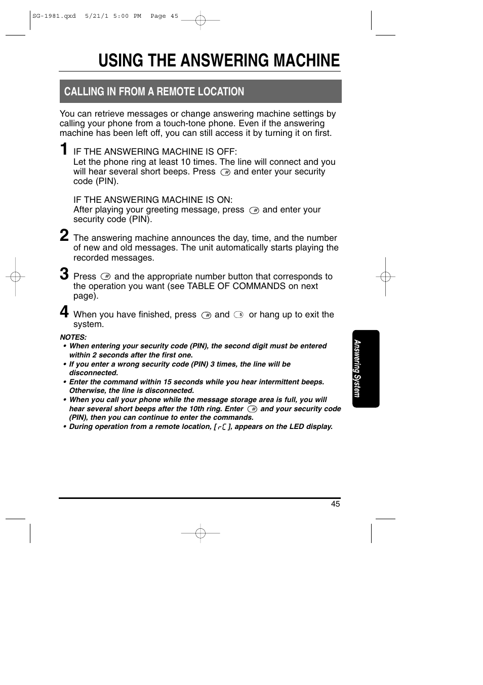 Calling in from a remote location, Using the answering machine | Toshiba SG-1981 User Manual | Page 45 / 55