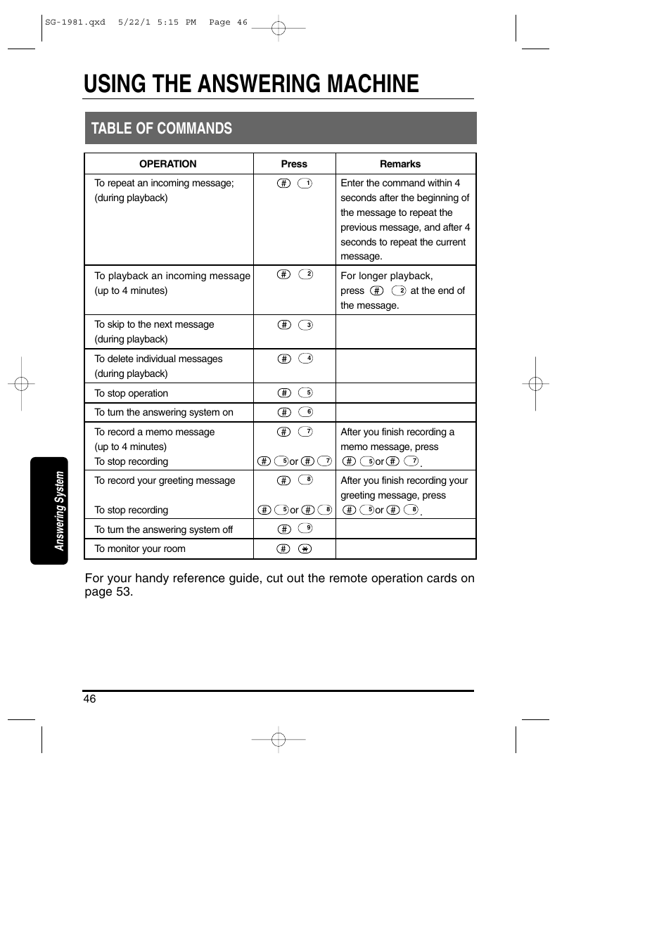 Table of commands, Using the answering machine, Answering system | Toshiba SG-1981 User Manual | Page 46 / 55