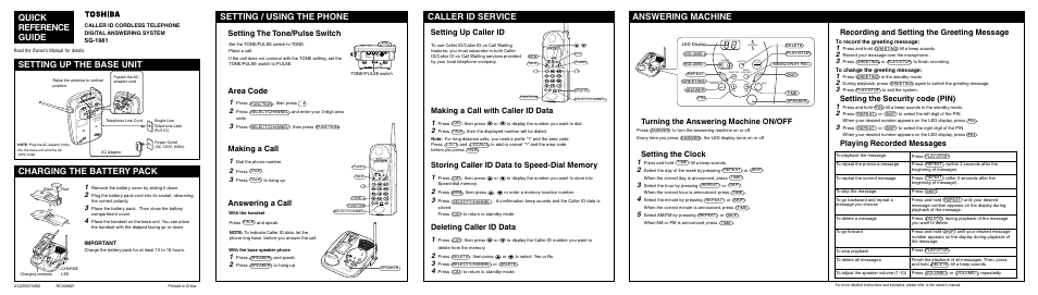 Quick reference guide, Setting up the base unit charging the battery pack, Setting / using the phone | Caller id service, Answering machine, Turning the answering machine on/off, Setting the clock, Recording and setting the greeting message, Setting the security code (pin), Playing recorded messages | Toshiba SG-1981 User Manual | Page 50 / 55