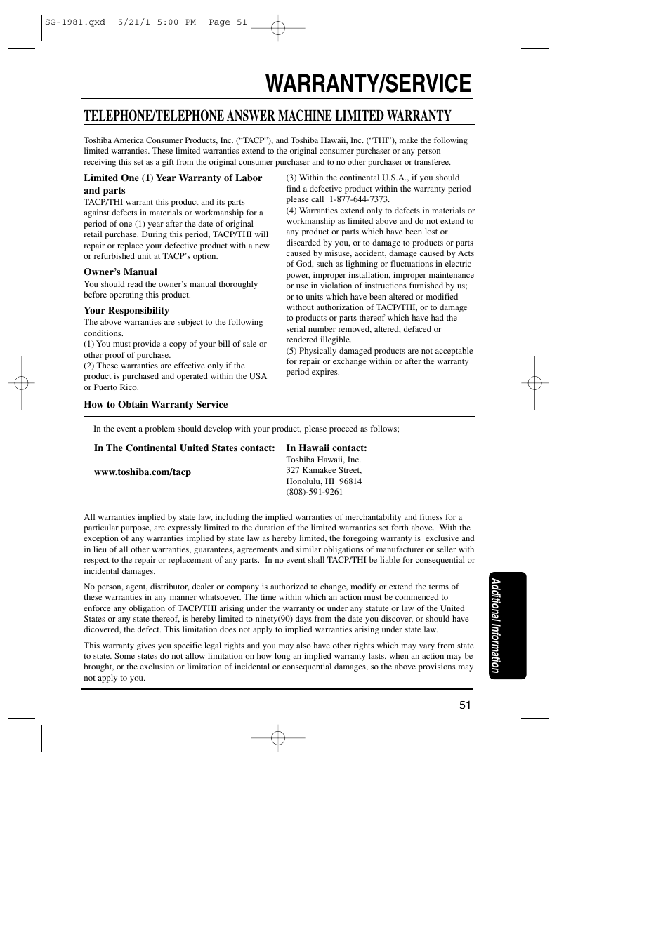 Warranty/service | Toshiba SG-1981 User Manual | Page 52 / 55