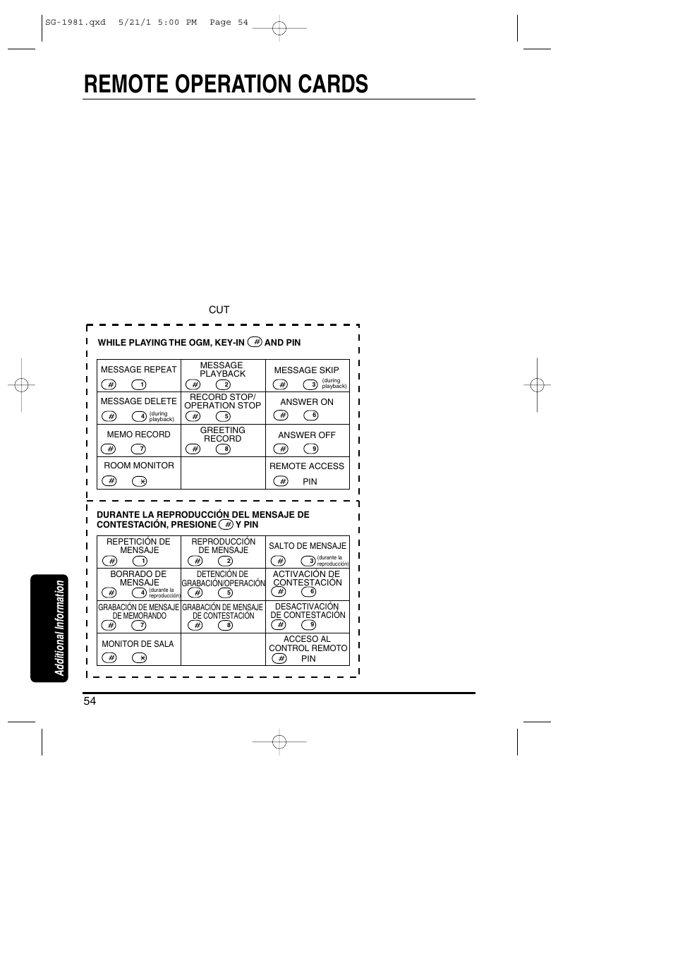 Remote operation cards, Additional information | Toshiba SG-1981 User Manual | Page 54 / 55