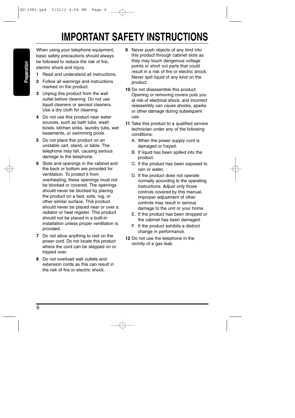 Safety instructions, Important safety instructions | Toshiba SG-1981 User Manual | Page 6 / 55