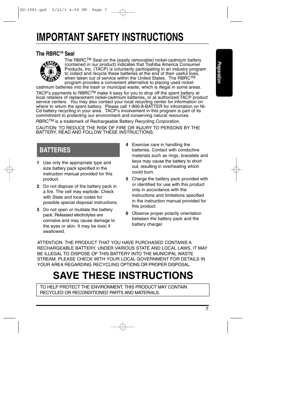 Important safety instructions, Save these instructions, Batteries | The rbrc, Seal | Toshiba SG-1981 User Manual | Page 7 / 55