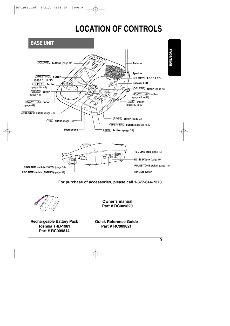 Location of controls, Base unit, Preparation | Button (page 43), Speaker button (page 41 to 42), Button (page 39), Button (page 41 to 44), Button (page 23), Button (page 40, 42), Microphone button (page 41) | Toshiba SG-1981 User Manual | Page 9 / 55