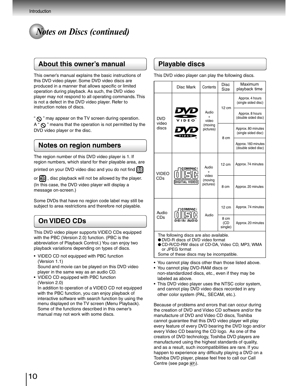 Disc compatibility, Playable discs, About this owner’s manual | On video cds | Toshiba SD-4980SU User Manual | Page 10 / 73