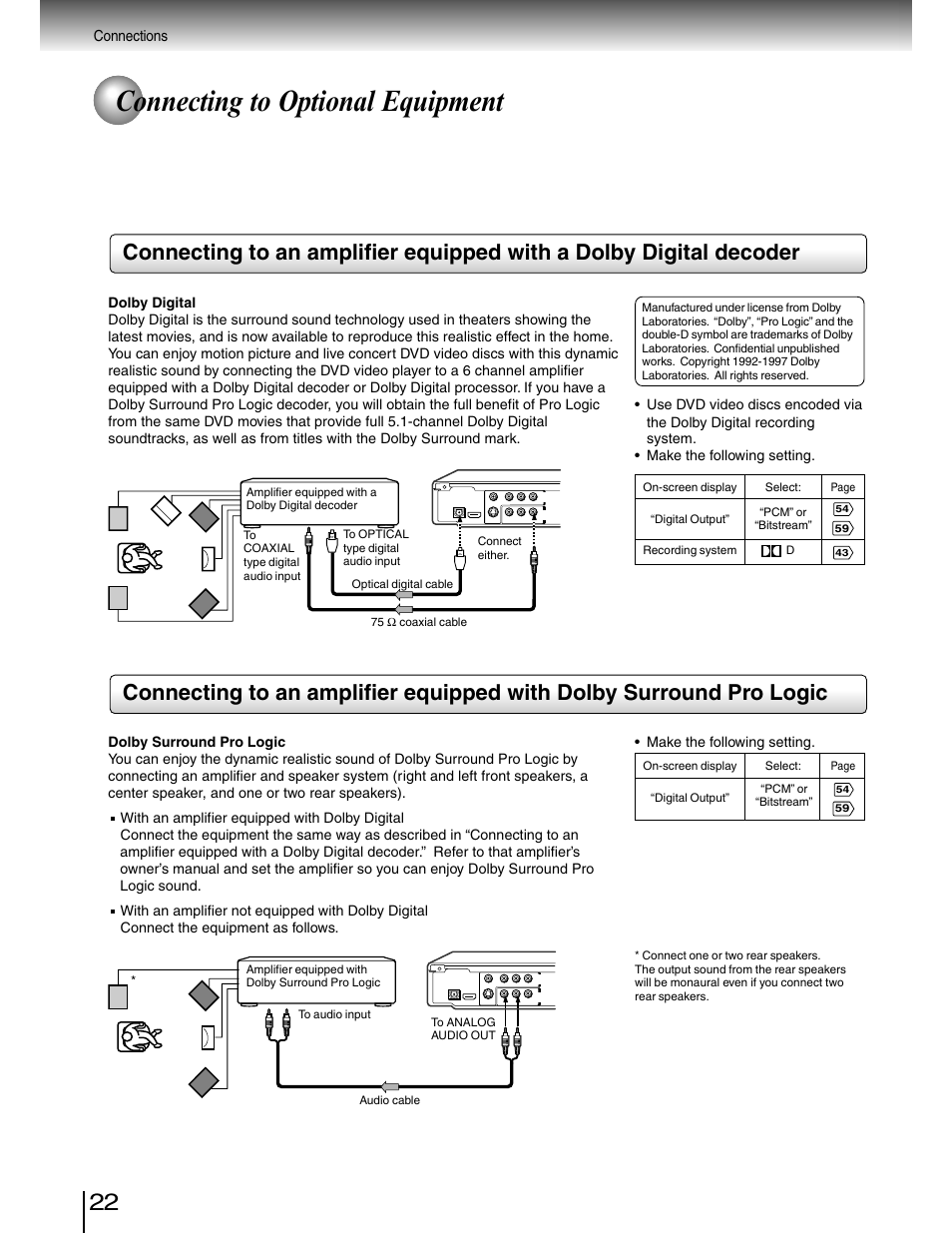 Digital audio connection, Analog audio connection, Connecting to optional equipment | Toshiba SD-4980SU User Manual | Page 22 / 73