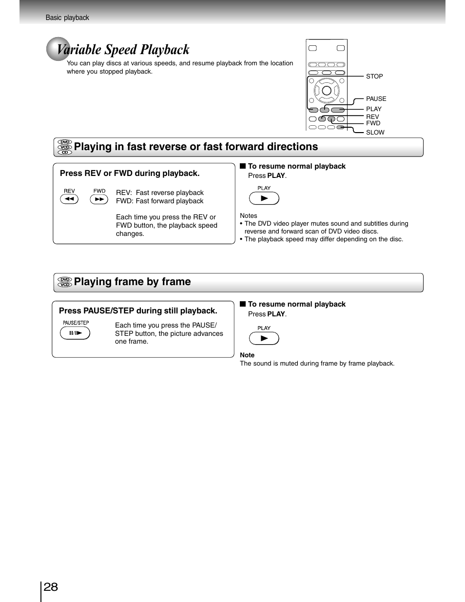 Variable speed playback, Playing in fast reverse or fast forward directions, Playing frame by frame | Toshiba SD-4980SU User Manual | Page 28 / 73