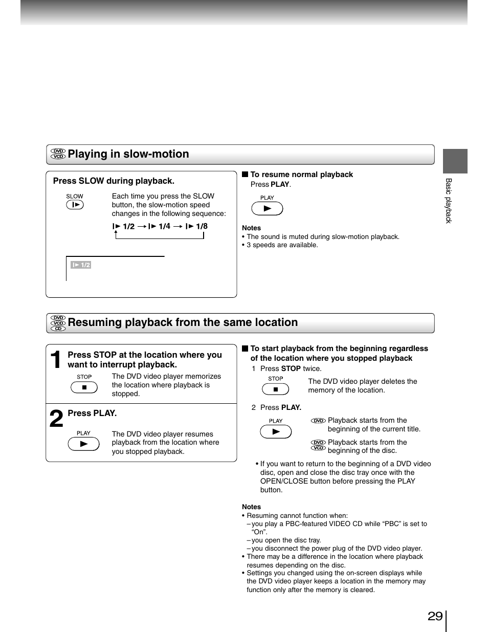 Playing in slow-motion, Resuming playback from the same location | Toshiba SD-4980SU User Manual | Page 29 / 73