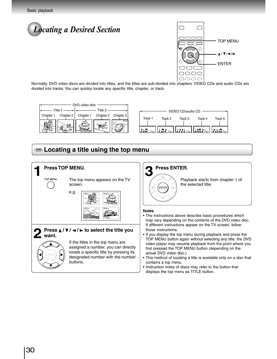 Locating a desired section, Locating a title using the top menu | Toshiba SD-4980SU User Manual | Page 30 / 73