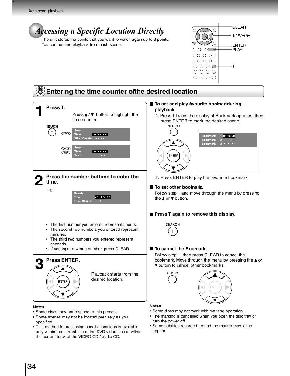 Accessing a specific location directly, Entering the time counter of the desired location | Toshiba SD-4980SU User Manual | Page 34 / 73