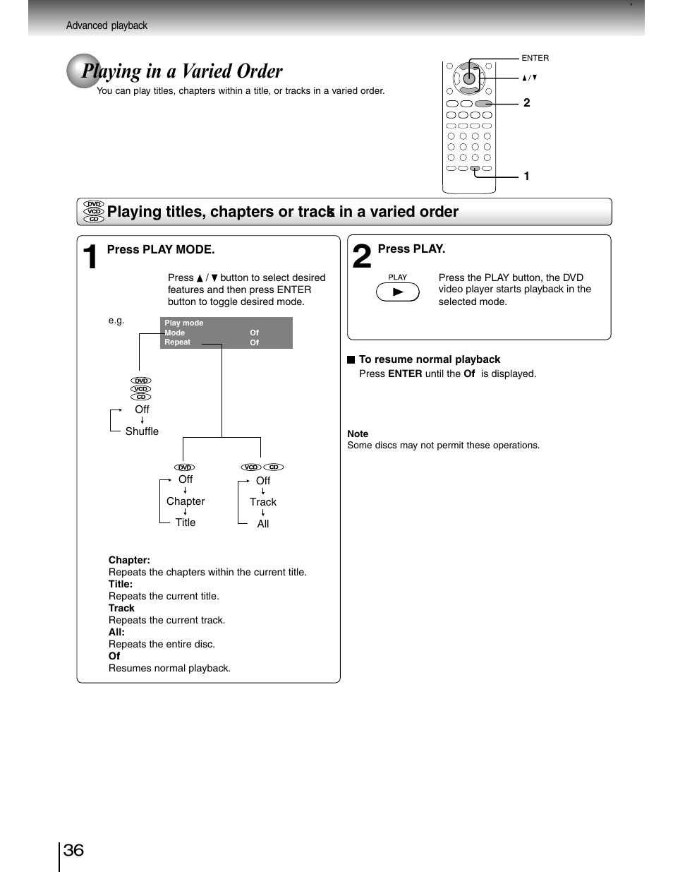 Random play, Playing in a varied order | Toshiba SD-4980SU User Manual | Page 36 / 73