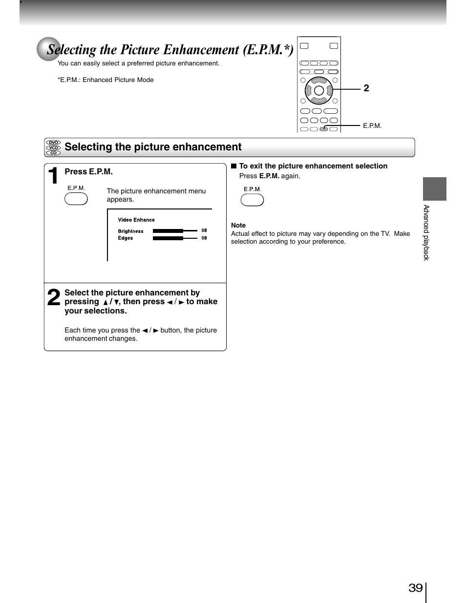 Picture enhancement, Selecting the picture enhancement (e.p.m.*) | Toshiba SD-4980SU User Manual | Page 39 / 73