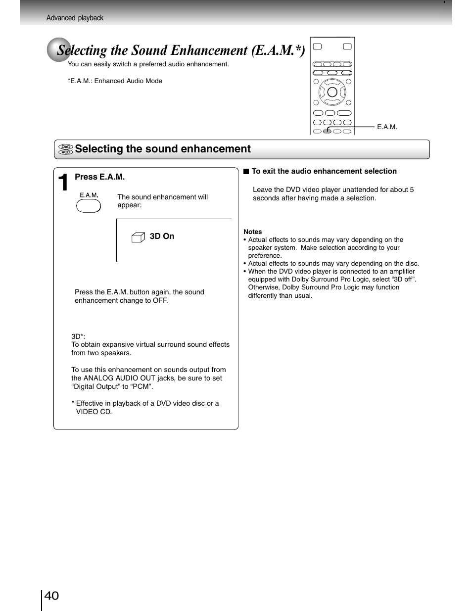 Sound enhancement, Selecting the sound enhancement (e.a.m.*), Selecting the sound enhancement | Toshiba SD-4980SU User Manual | Page 40 / 73