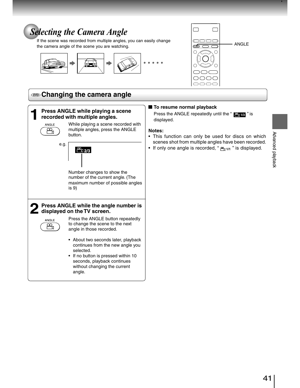 Camera angle, Selecting the camera angle, Changing the camera angle | Toshiba SD-4980SU User Manual | Page 41 / 73