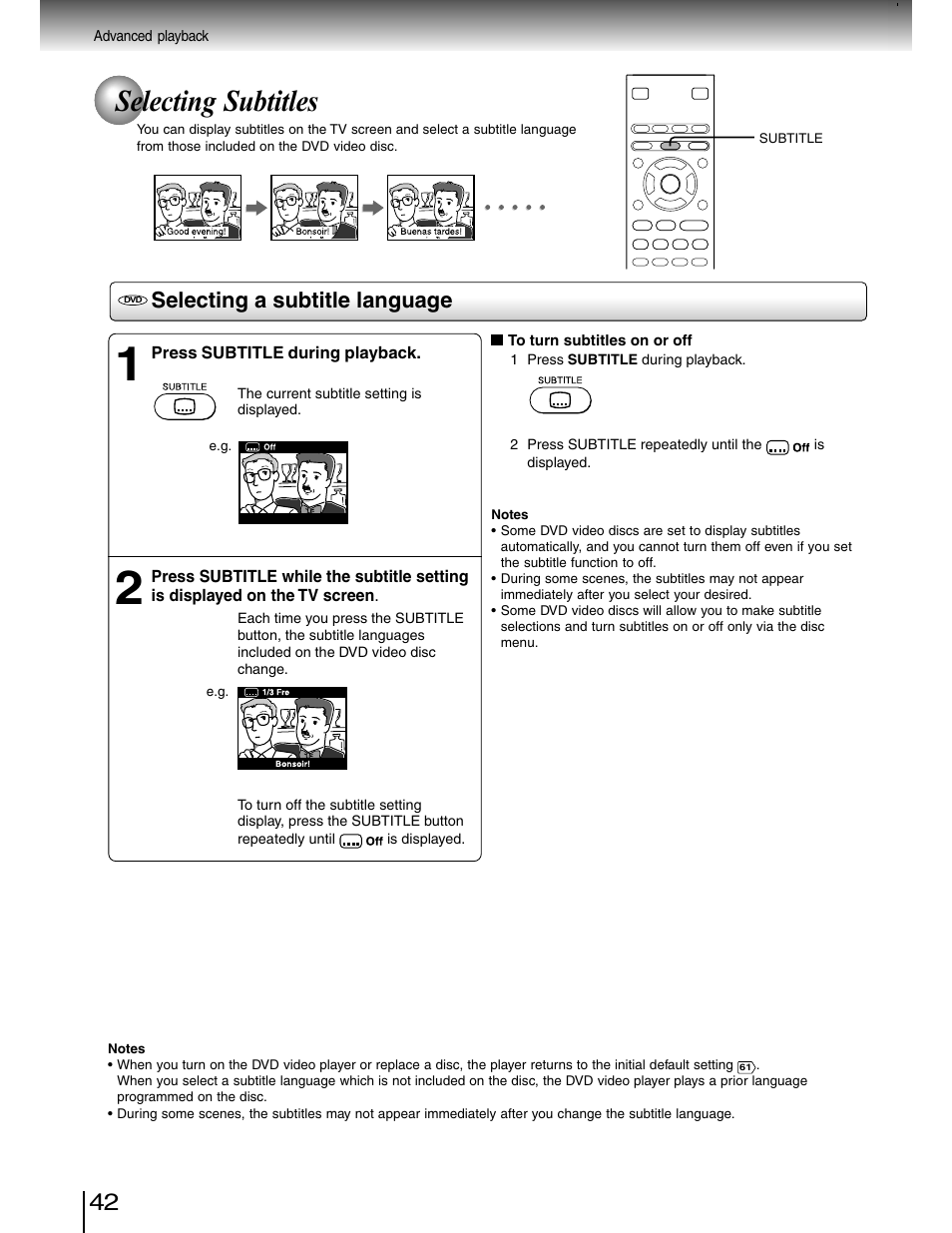 Subtitles, Selecting subtitles, Selecting a subtitle language | Toshiba SD-4980SU User Manual | Page 42 / 73