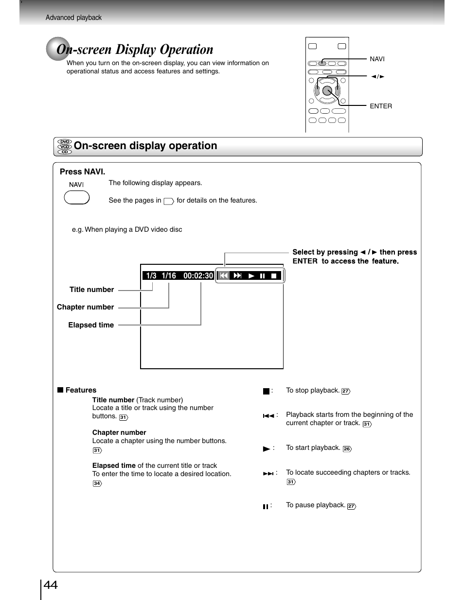 On screen display operation, On-screen display operation | Toshiba SD-4980SU User Manual | Page 44 / 73