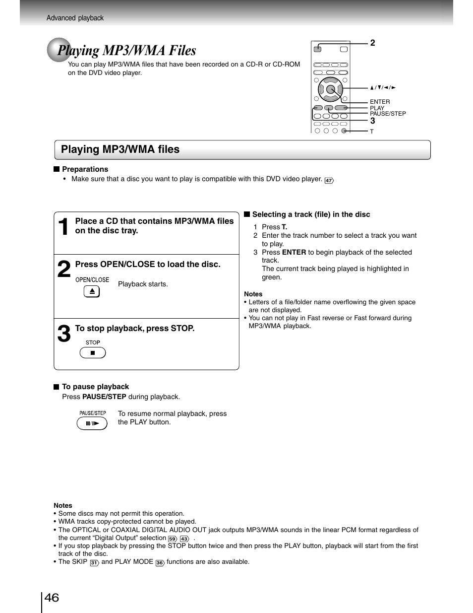 Mp3 / wma playback, Playing mp3/wma files | Toshiba SD-4980SU User Manual | Page 46 / 73