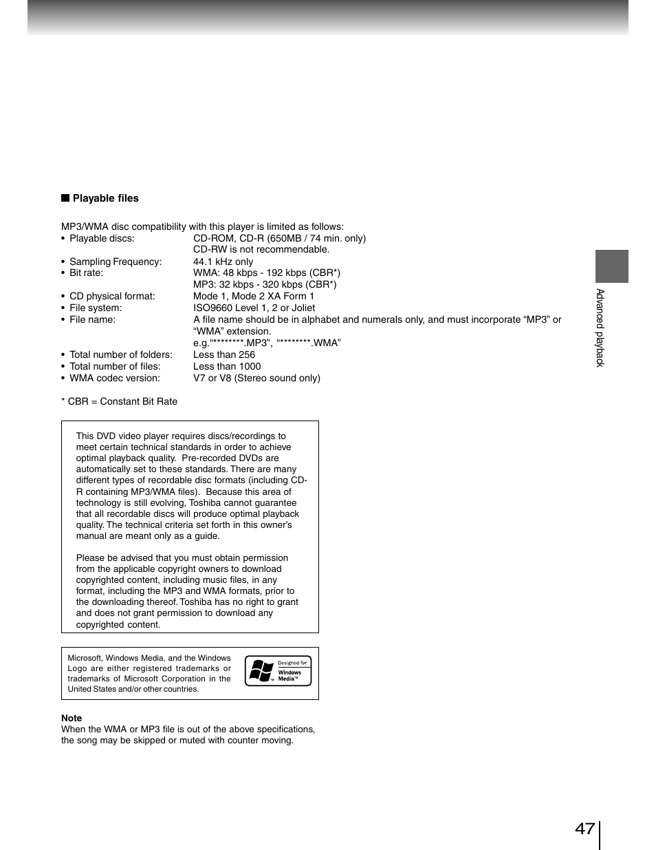 Mp3 / wma compatibility | Toshiba SD-4980SU User Manual | Page 47 / 73