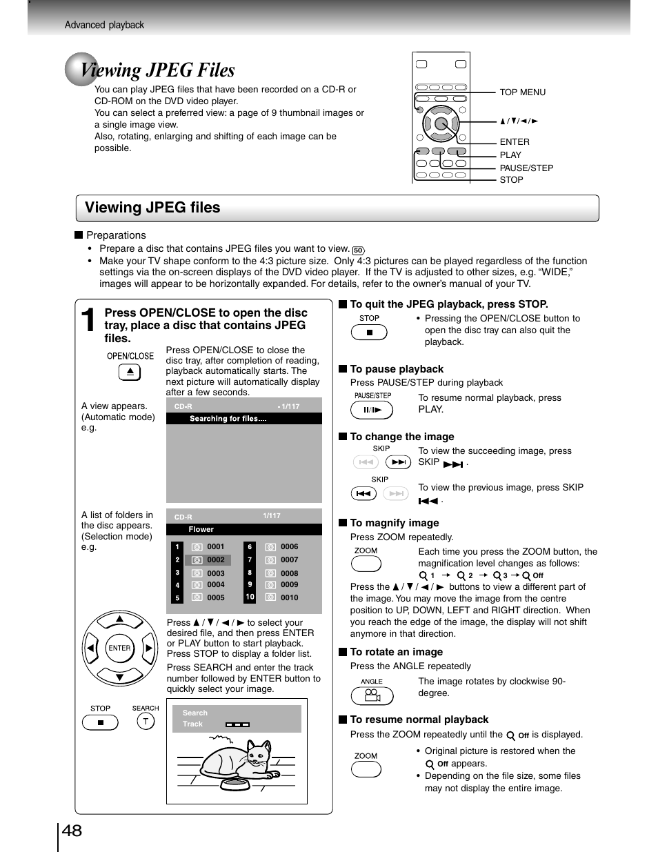 Jpeg playback, Viewing jpeg files | Toshiba SD-4980SU User Manual | Page 48 / 73