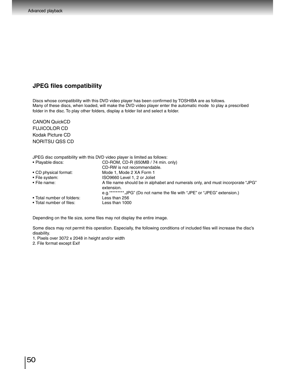 Jpeg compatibility, Jpeg files compatibility | Toshiba SD-4980SU User Manual | Page 50 / 73