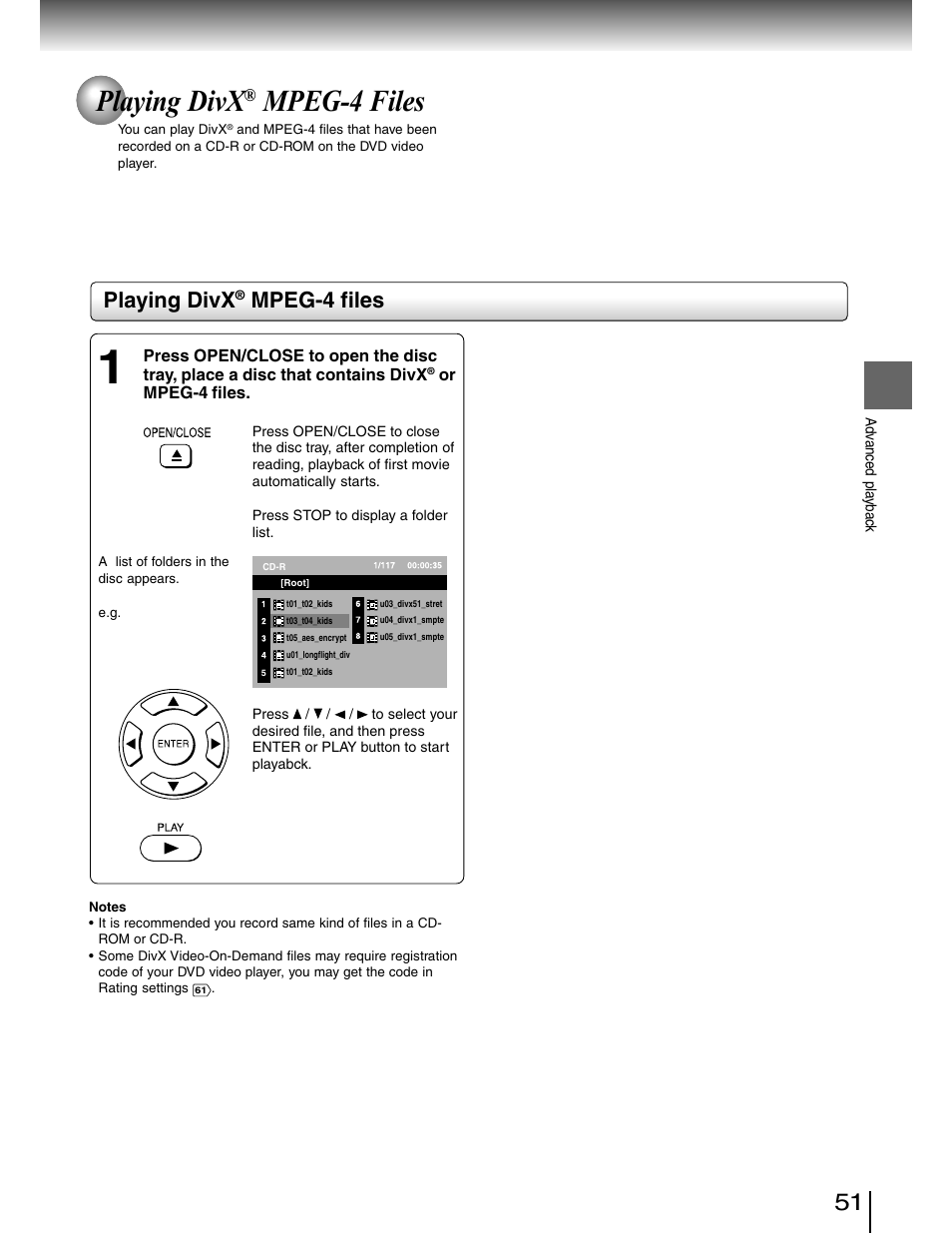 Divx mpeg-4 playback, Playing divx, Mpeg-4 files | Toshiba SD-4980SU User Manual | Page 51 / 73