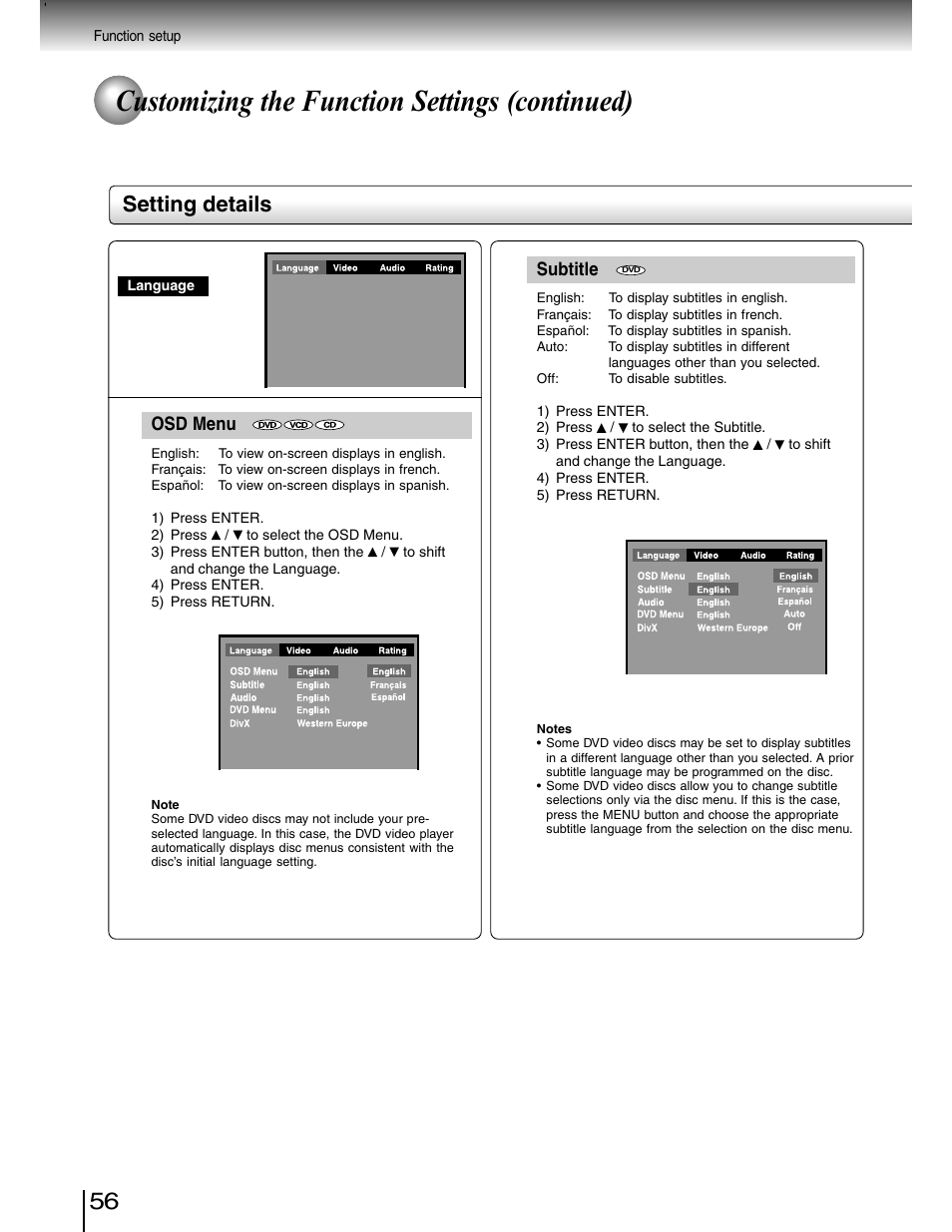 Customizing the function settings (continued), Setting details, Osd menu | Subtitle | Toshiba SD-4980SU User Manual | Page 56 / 73