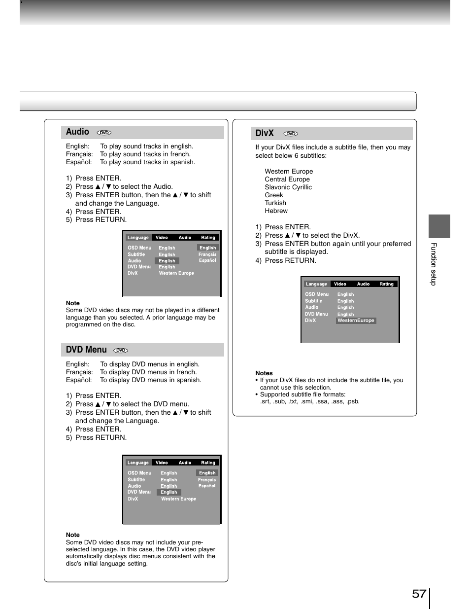 Audio, Dvd menu, Divx | Toshiba SD-4980SU User Manual | Page 57 / 73