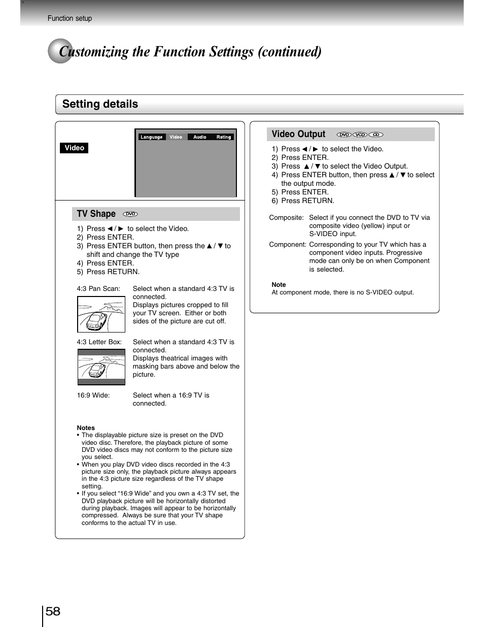 Customizing the function settings (continued), Setting details, Tv shape | Video output | Toshiba SD-4980SU User Manual | Page 58 / 73