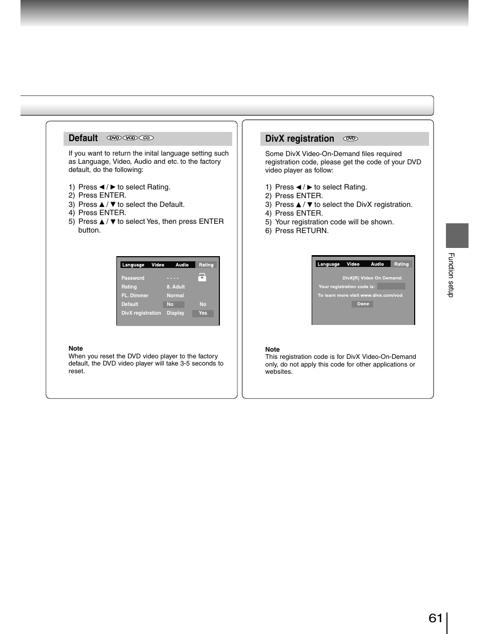 Restore default settings, Default, Divx registration | Toshiba SD-4980SU User Manual | Page 61 / 73