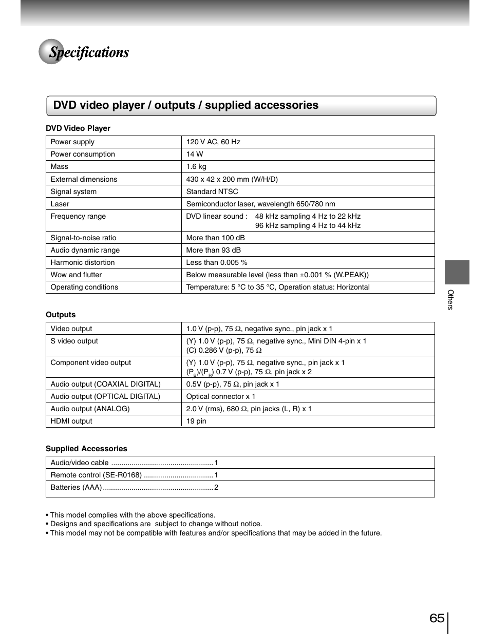 Supplied accessories, Specs, Specifications | Dvd video player / outputs / supplied accessories | Toshiba SD-4980SU User Manual | Page 65 / 73