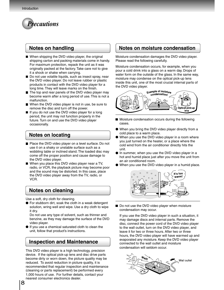 Precautions, Inspection and maintenance | Toshiba SD-4980SU User Manual | Page 8 / 73