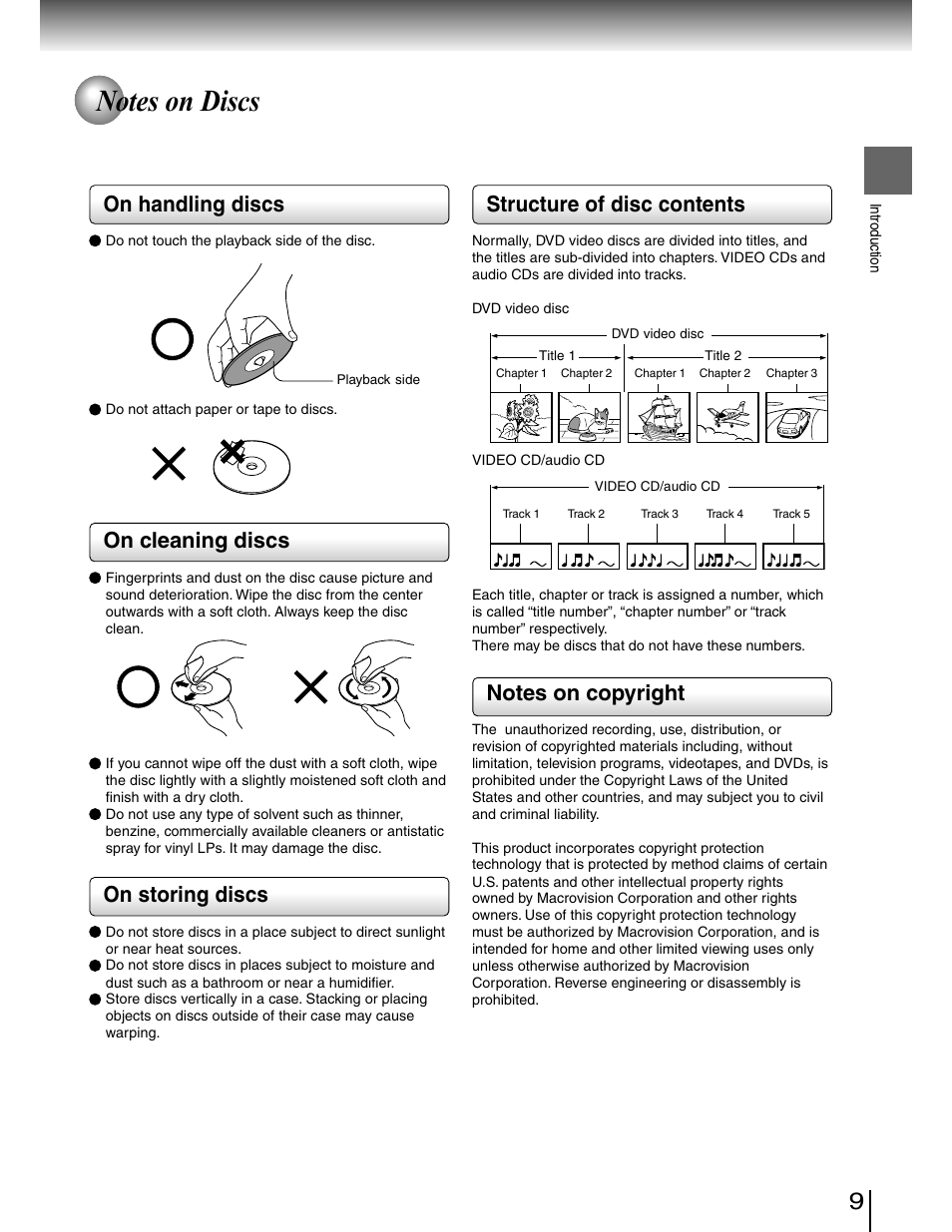 On handling discs, On cleaning discs, On storing discs | Structure of disc contents | Toshiba SD-4980SU User Manual | Page 9 / 73