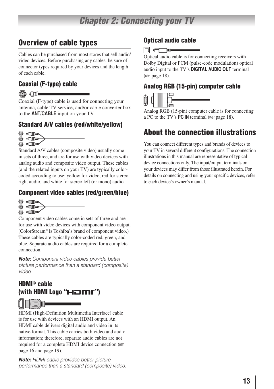 Chapter 2: connecting your tv, Overview of cable types, About the connection illustrations | Toshiba 19C100U User Manual | Page 13 / 62