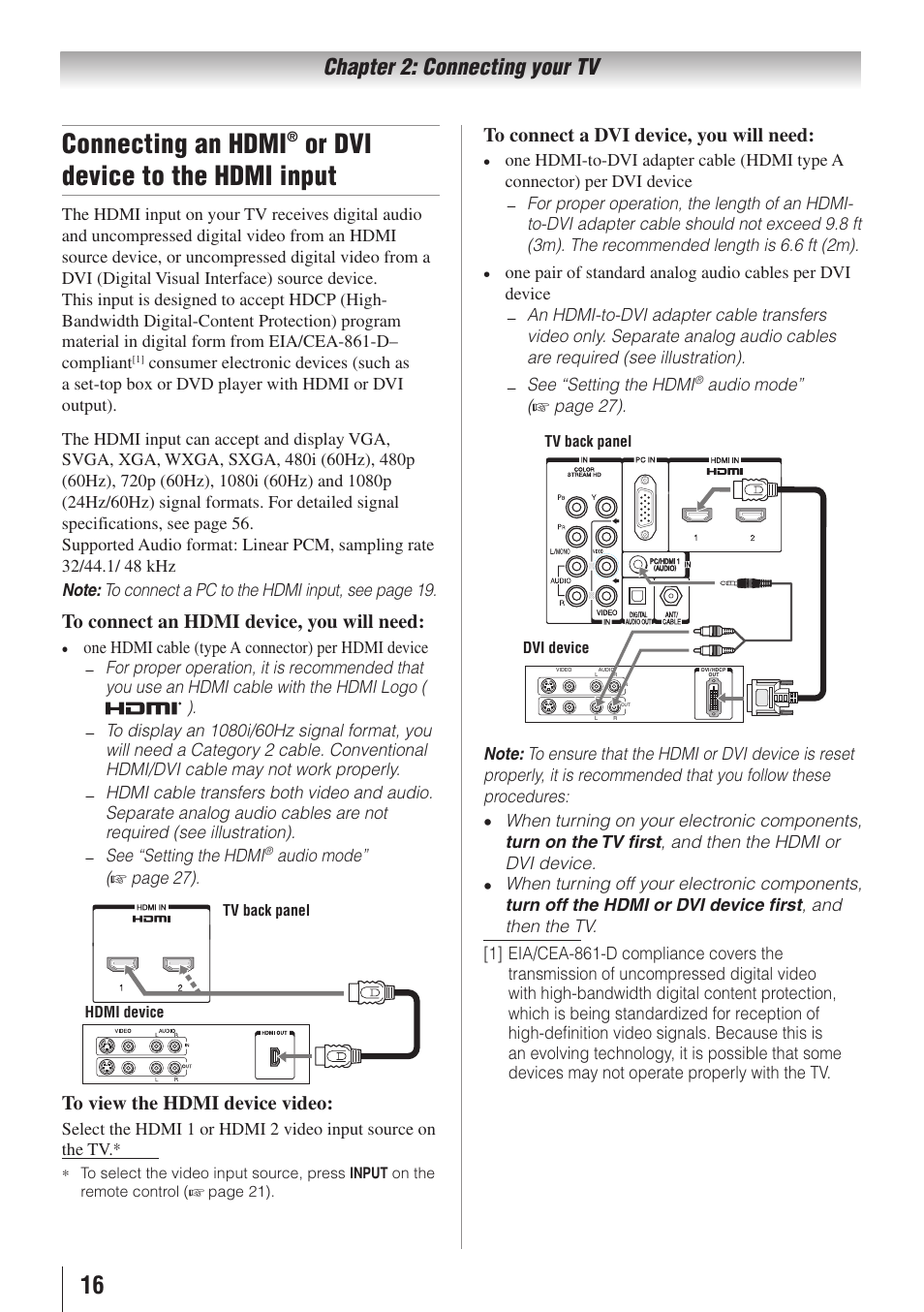 Connecting an hdmi, Or dvi device to the hdmi input, Chapter 2: connecting your tv | Toshiba 19C100U User Manual | Page 16 / 62