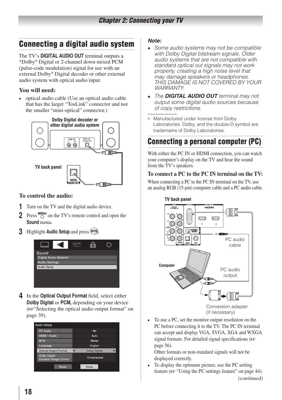 Connecting a digital audio system, Connecting a personal computer (pc), Chapter 2: connecting your tv | Toshiba 19C100U User Manual | Page 18 / 62