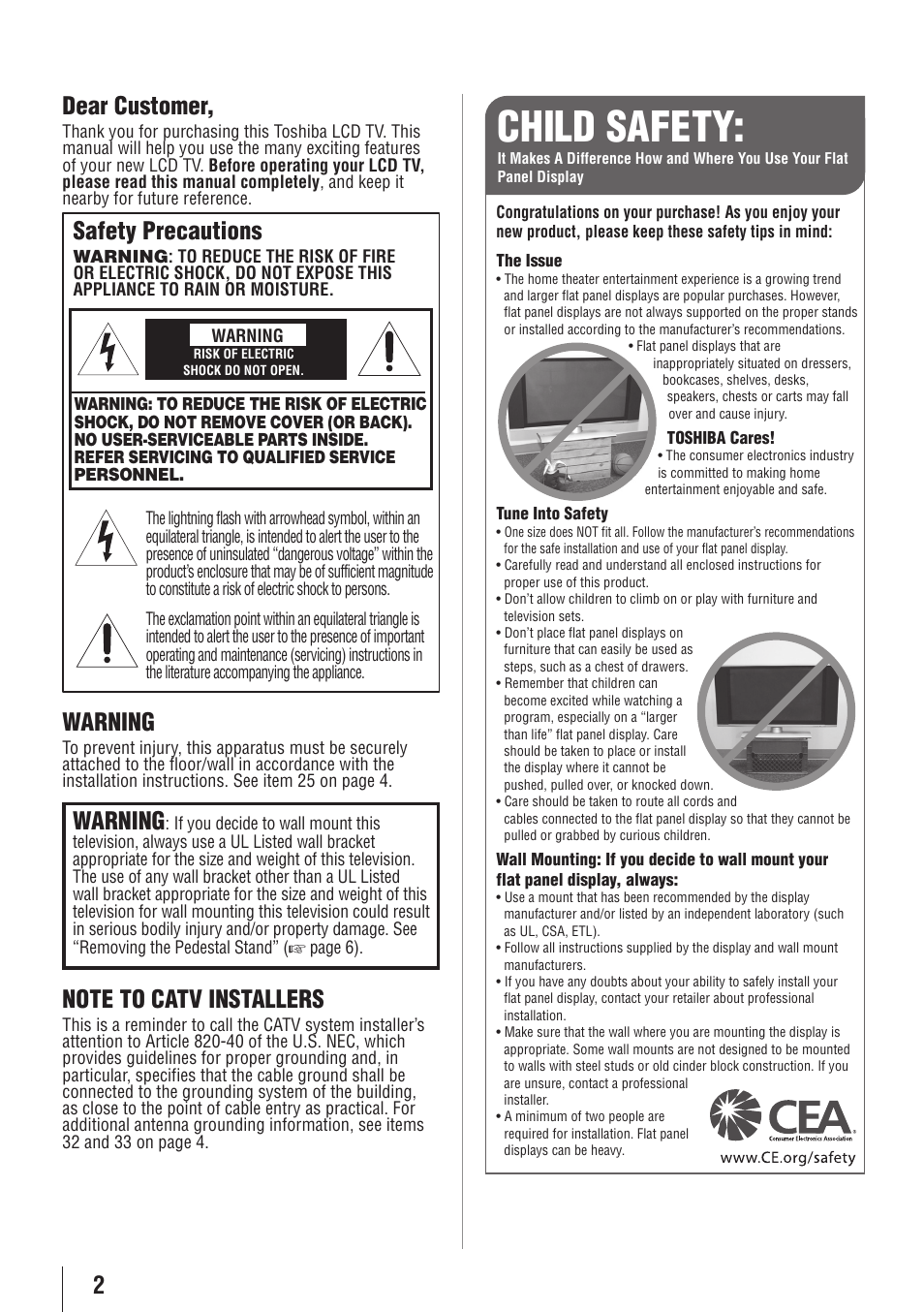 Child safety, 2dear customer, Safety precautions | Warning | Toshiba 19C100U User Manual | Page 2 / 62