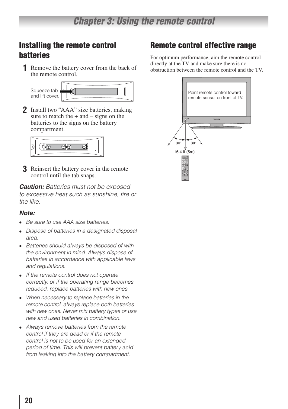 Chapter 3: using the remote control, Installing the remote control batteries 1無, Remote control effective range | Toshiba 19C100U User Manual | Page 20 / 62