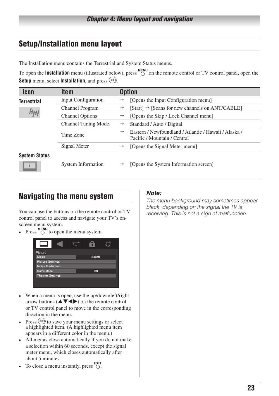 Setup/installation menu layout, Navigating the menu system | Toshiba 19C100U User Manual | Page 23 / 62