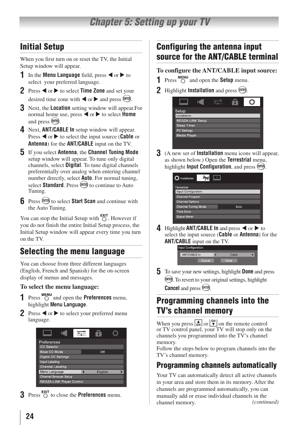 Chapter 5: setting up your tv, Initial setup, Selecting the menu language | Programming channels automatically | Toshiba 19C100U User Manual | Page 24 / 62