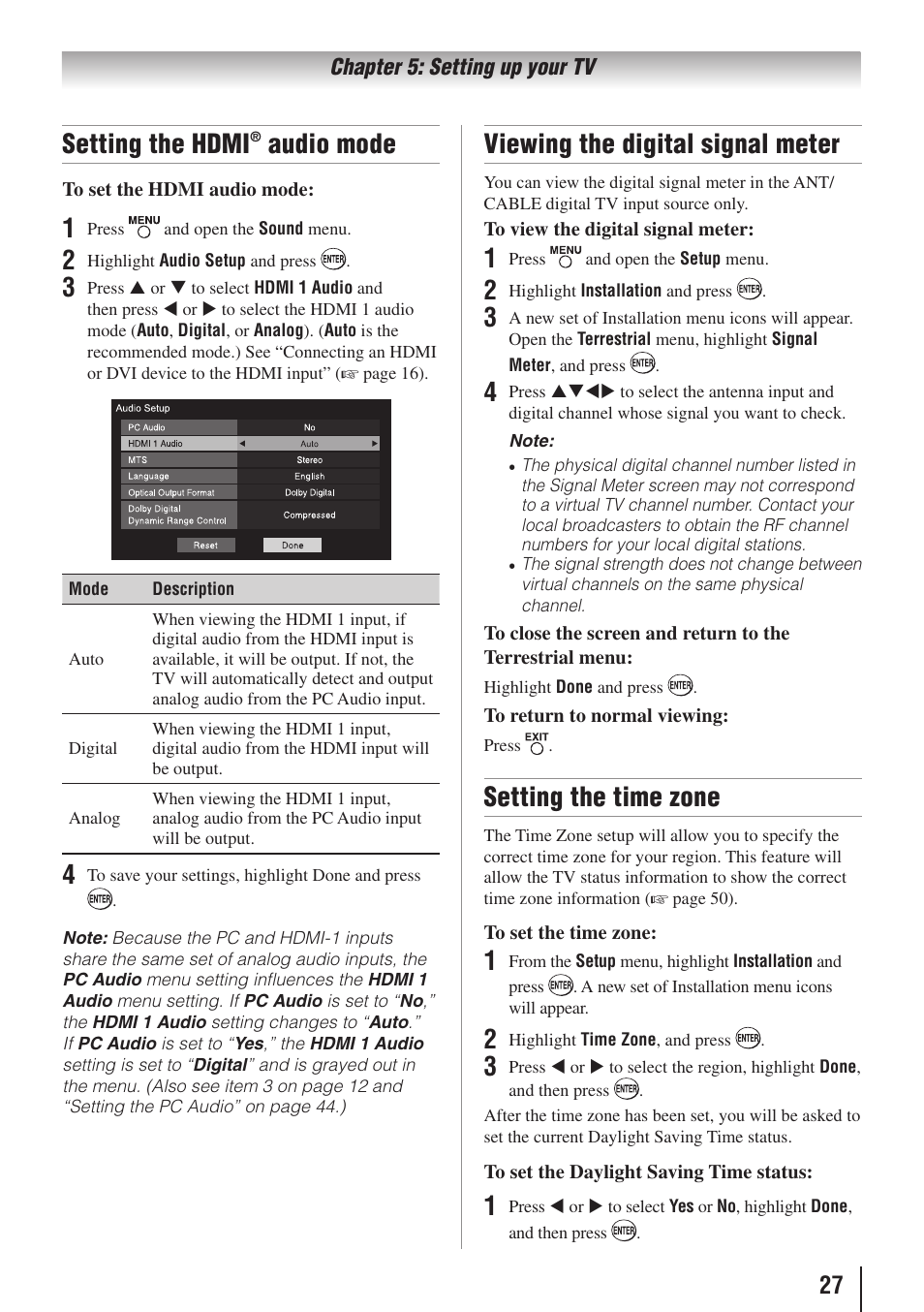 Setting the hdmi, Audio mode, Viewing the digital signal meter | Setting the time zone | Toshiba 19C100U User Manual | Page 27 / 62
