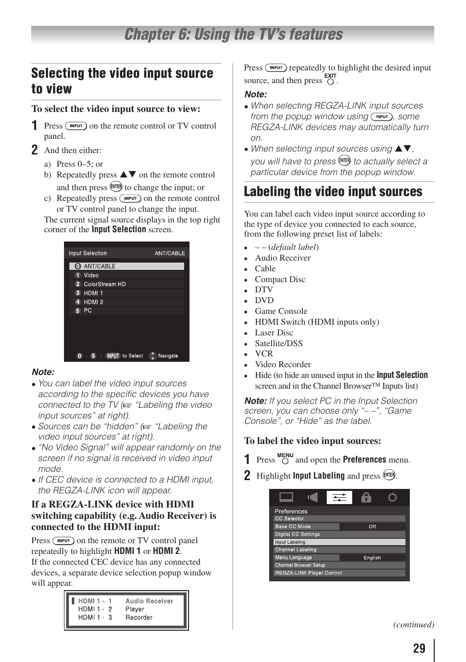 Chapter 6: using the tv’s features, Selecting the video input source to view, Labeling the video input sources | Toshiba 19C100U User Manual | Page 29 / 62