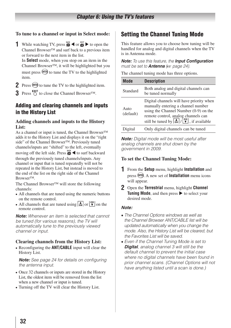 Setting the channel tuning mode | Toshiba 19C100U User Manual | Page 32 / 62