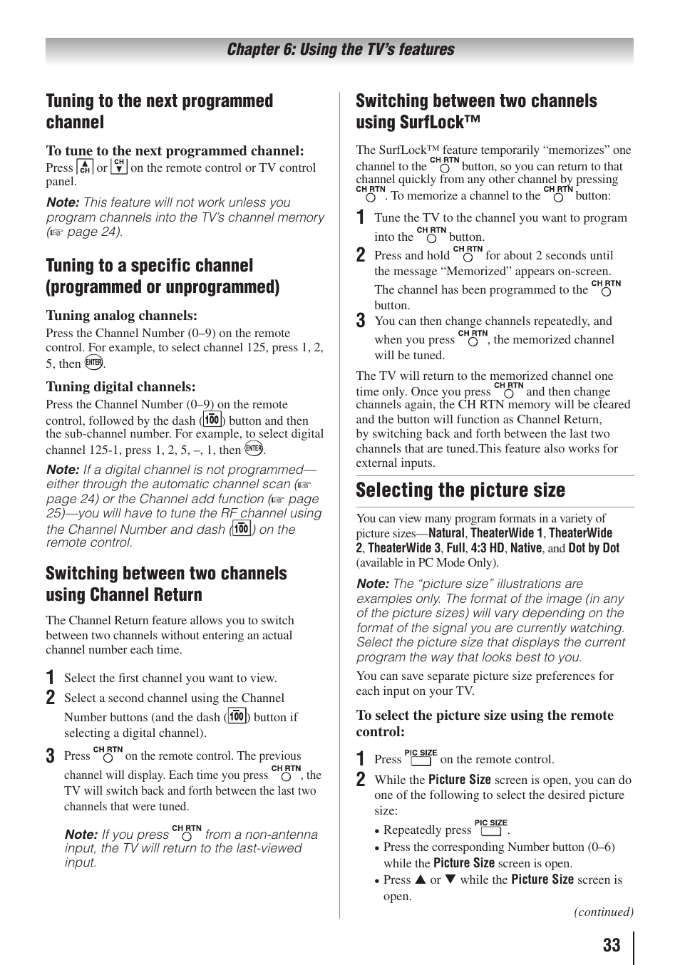 Selecting the picture size, 33 tuning to the next programmed channel, Switching between two channels using surflock | Toshiba 19C100U User Manual | Page 33 / 62