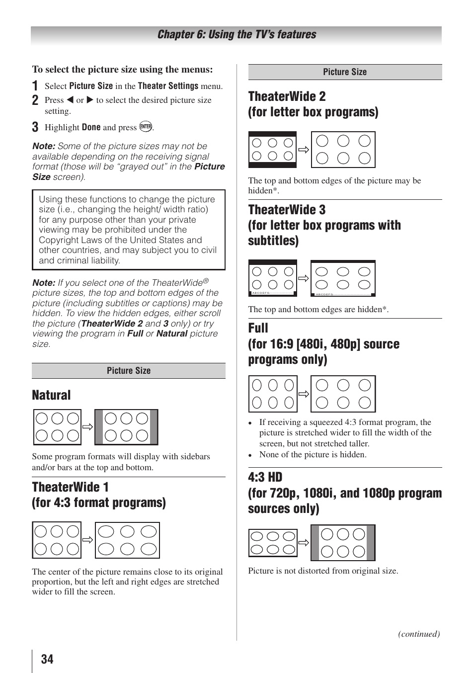 Natural, Theaterwide 1 (for 4:3 format programs), Theaterwide 2 (for letter box programs) | Toshiba 19C100U User Manual | Page 34 / 62