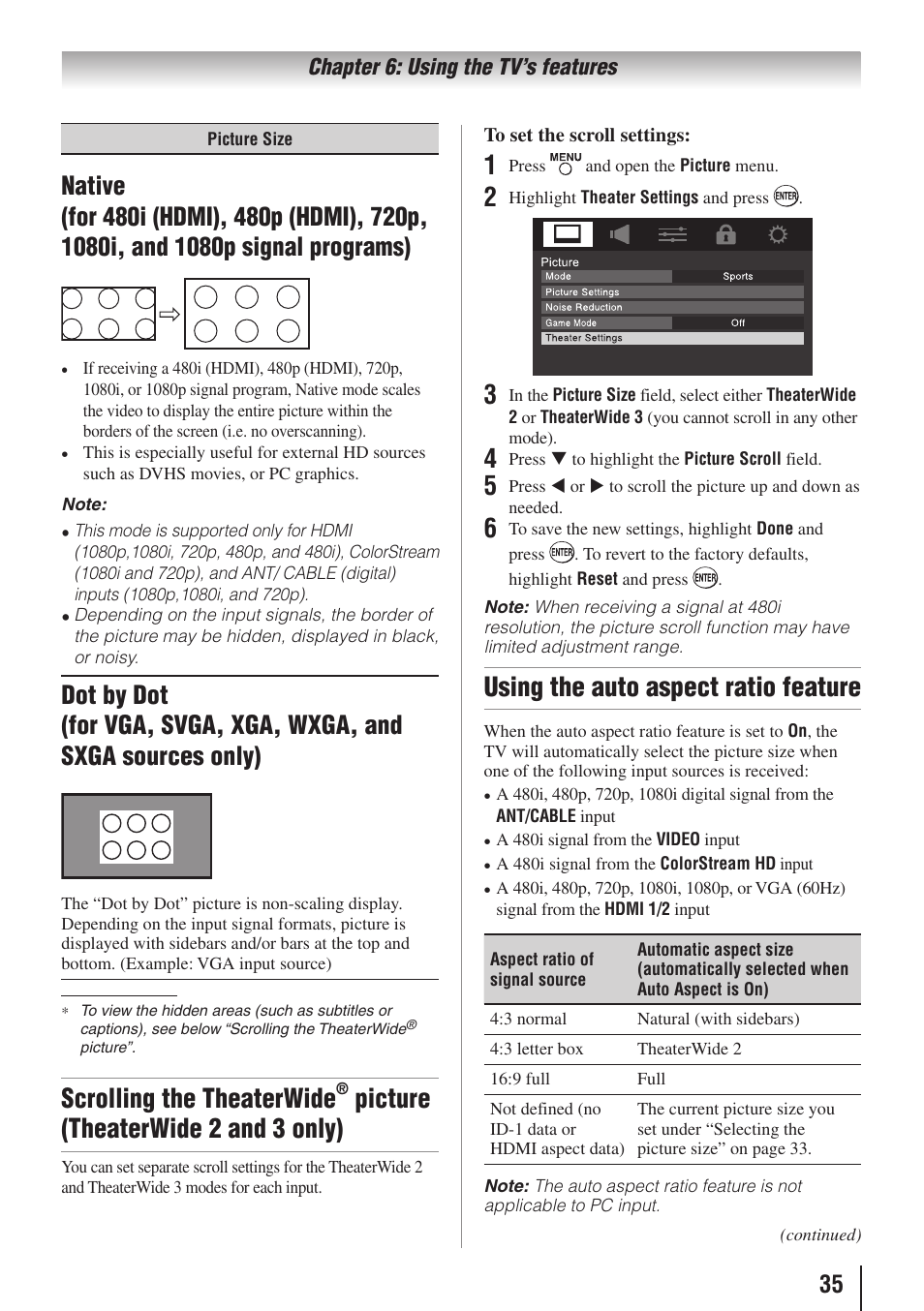 Scrolling the theaterwide, Picture (theaterwide 2 and 3 only), Using the auto aspect ratio feature | Toshiba 19C100U User Manual | Page 35 / 62