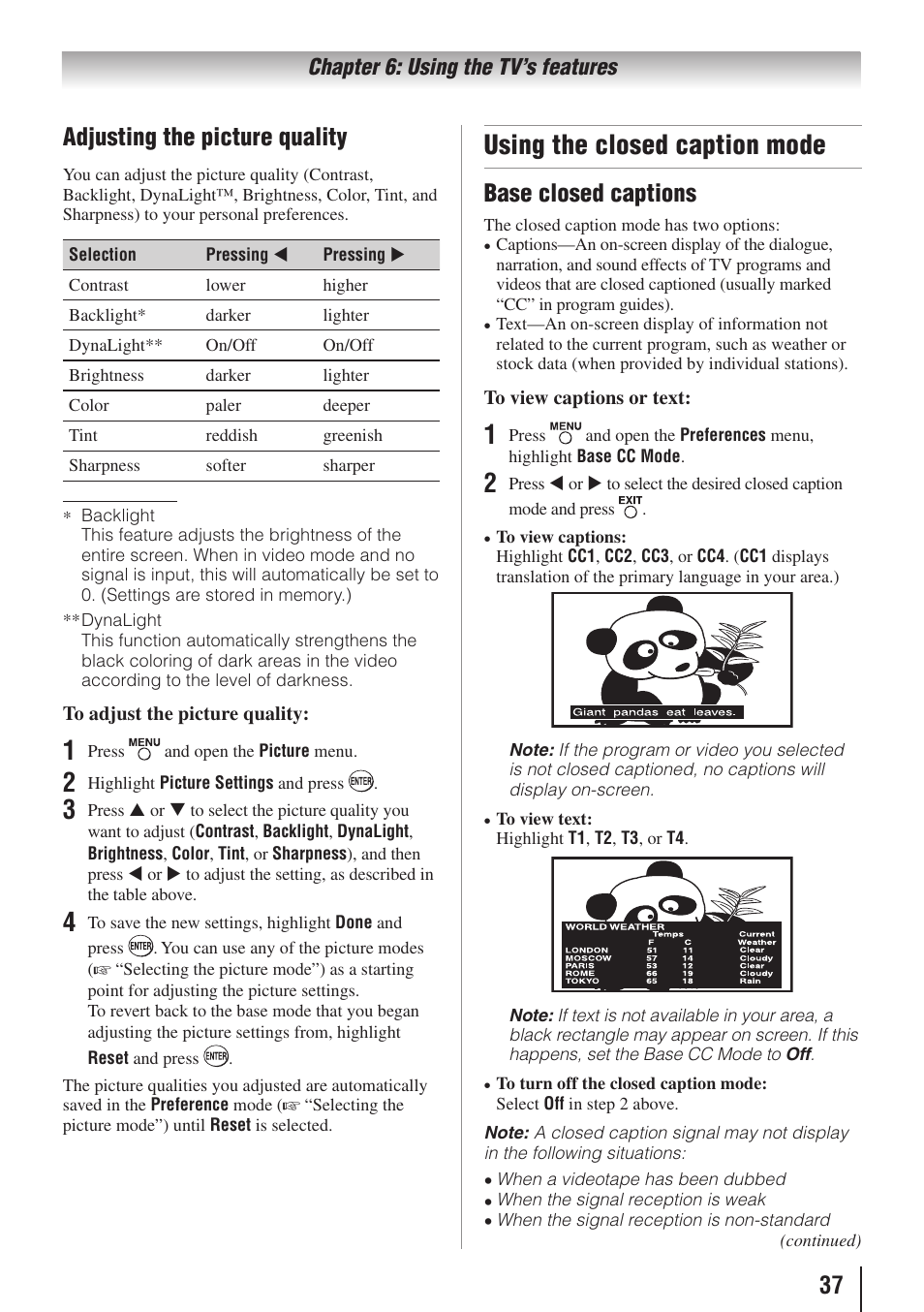 Using the closed caption mode, 37 adjusting the picture quality, Base closed captions | Toshiba 19C100U User Manual | Page 37 / 62