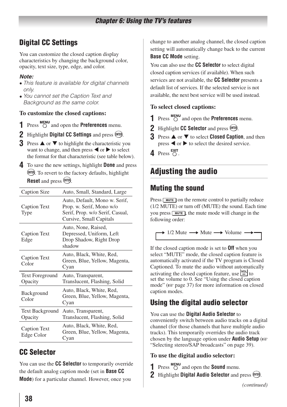 Adjusting the audio, 38 digital cc settings, Cc selector | Muting the sound, Using the digital audio selector | Toshiba 19C100U User Manual | Page 38 / 62
